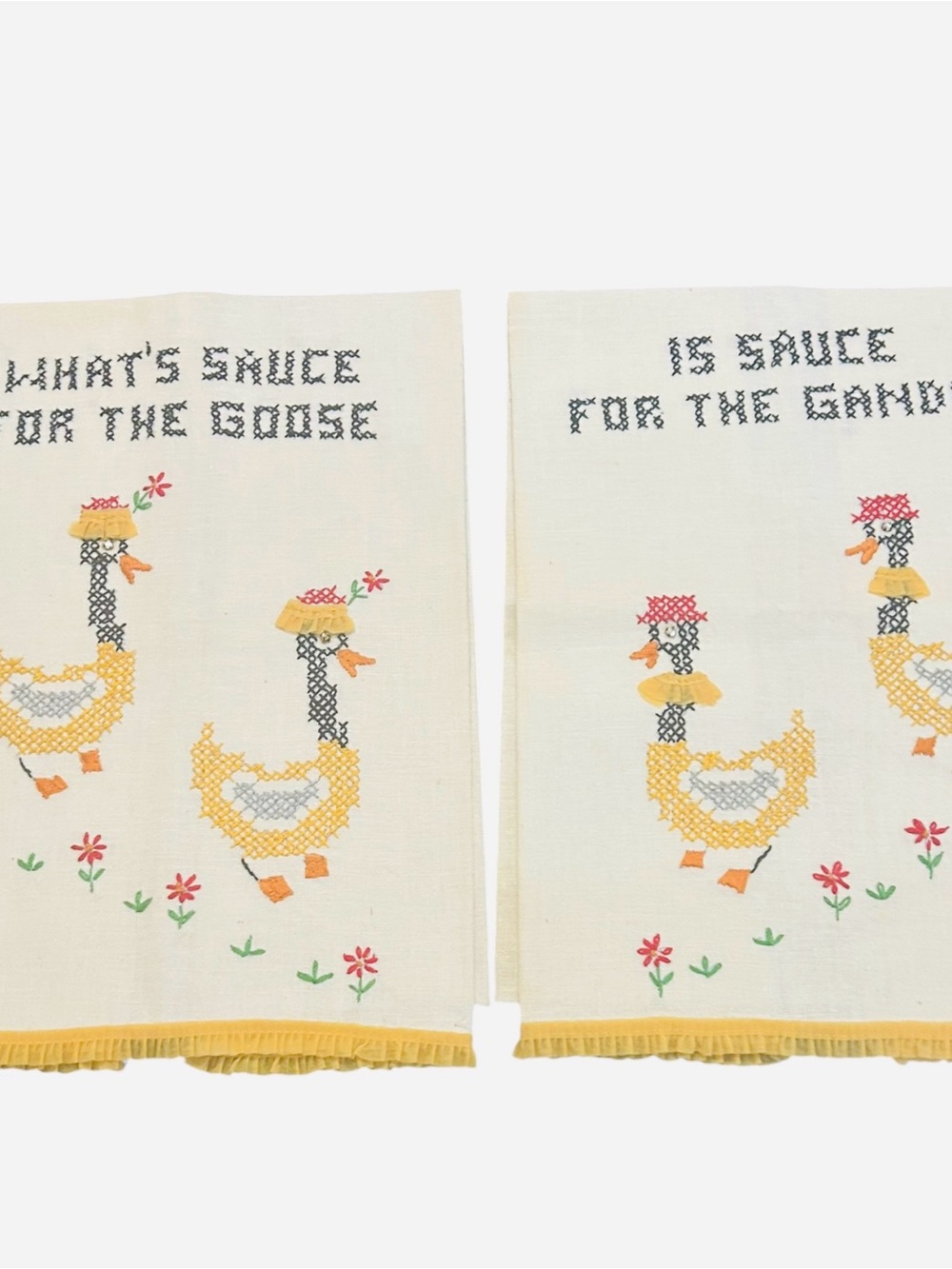 Vintage handmade 2 kitchen linen and geese embroidered set towels